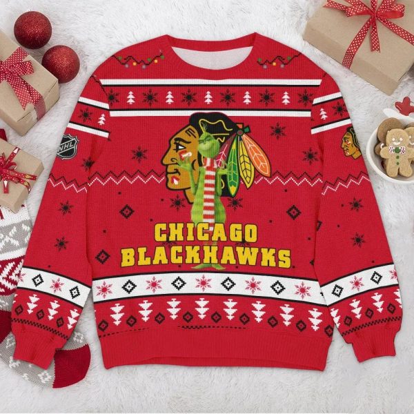 Chicago Blackhawks Grinch NHL Ugly Christmas Sweater, Chicago Blackhawks Ugly Sweater, NHL Ugly Sweater