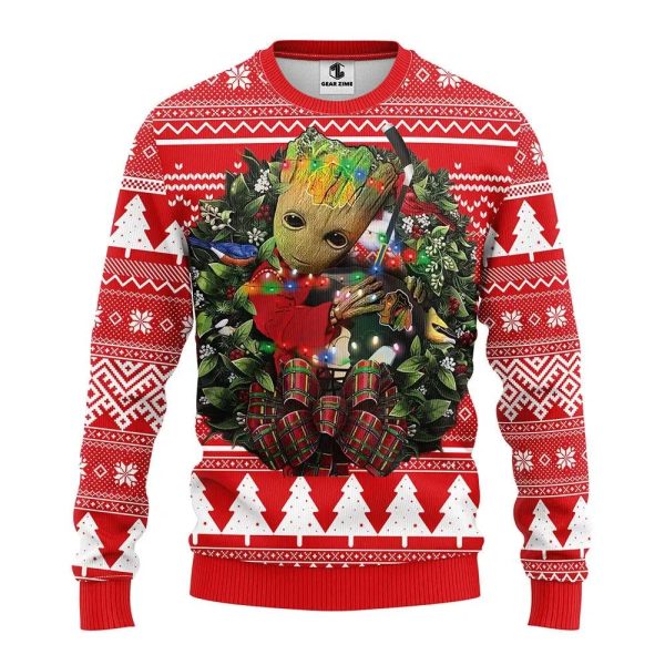 Chicago Blackhawks Groot Hug Ugly Christmas Sweater, Chicago Blackhawks Ugly Sweater, NHL Ugly Sweater