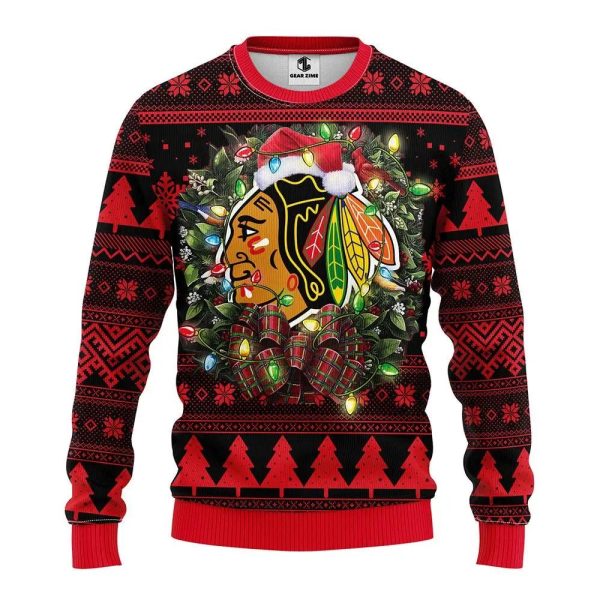 Chicago Blackhawks Santa Hat Ugly Christmas Sweater, Chicago Blackhawks Ugly Sweater, NHL Ugly Sweater