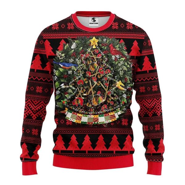 Chicago Blackhawks Tree Christmas Ugly Sweater, Chicago Blackhawks Ugly Sweater, NHL Ugly Sweater