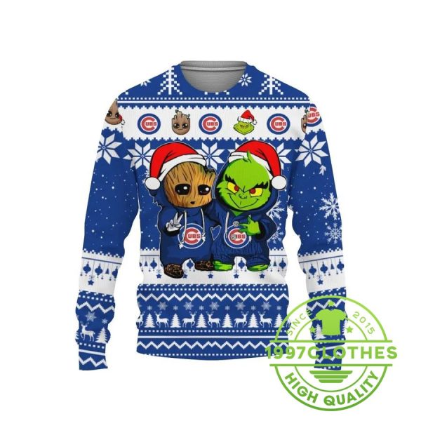 Chicago Cubs Baby Groot And Grinch Best Friends Ugly Christmas Sweater, Chicago Cubs Ugly Sweater, MLB Christmas Sweater