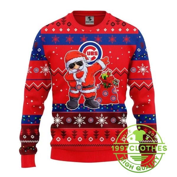 Chicago Cubs Dabbing Santa Claus Ugly Christmas Sweater, Chicago Cubs Ugly Sweater, MLB Christmas Sweater