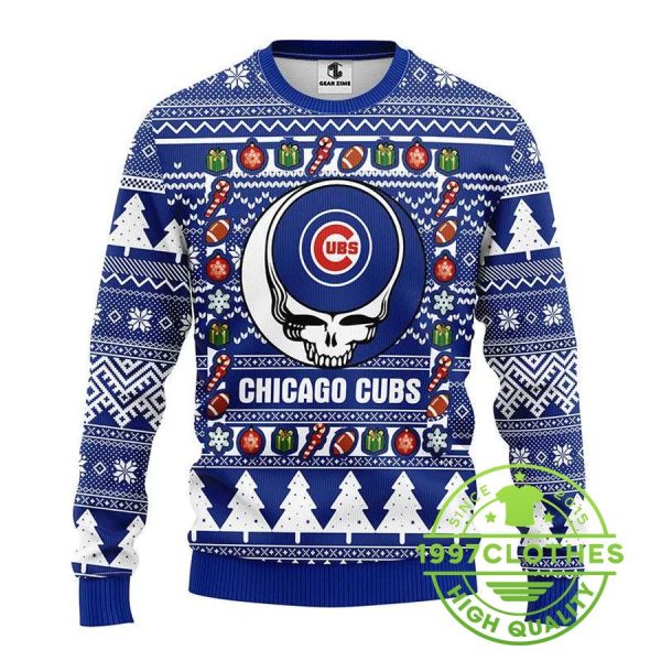 Chicago Cubs Grateful Dead Ugly Christmas Sweater, Chicago Cubs Ugly Sweater, MLB Christmas Sweater