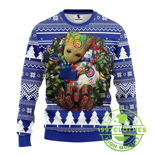 Chicago Cubs Groot Hug Ugly Christmas Sweater, Chicago Cubs Ugly Sweater, MLB Christmas Sweater