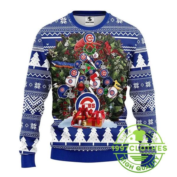 Chicago Cubs Tree Christmas Ugly Sweater, Chicago Cubs Ugly Sweater, MLB Christmas Sweater