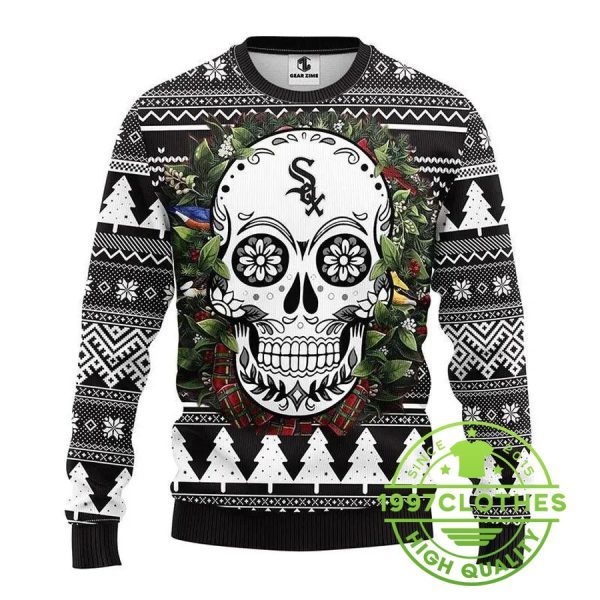 Chicago White Sox Skull Flower Ugly Christmas Sweater, Chicago White Sox Ugly Sweater, MLB Christmas Sweater