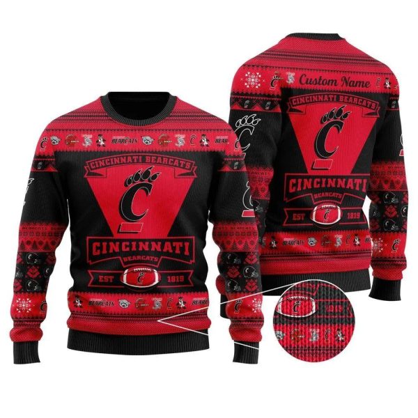 Cincinnati Bearcats Est 1819 Custom Name Ugly Christmas Sweater, Cincinnati Bearcats Christmas Sweater, NCAA Christmas Sweater