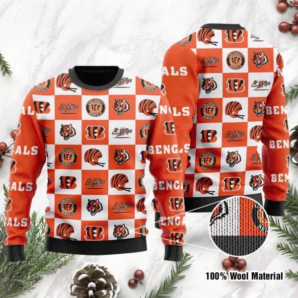 Cincinnati Bengals Logo Checkered Flannel Ugly Christmas Sweater, Cincinnati Bengals Ugly Sweater, NFL Ugly Sweater