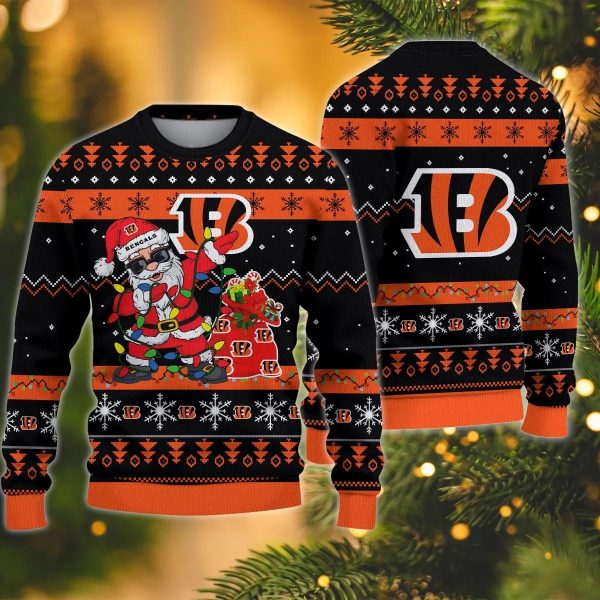 Cincinnati Bengals Santa Claus Dabbing Ugly Christmas Sweater, Cincinnati Bengals Ugly Sweater, NFL Ugly Sweater