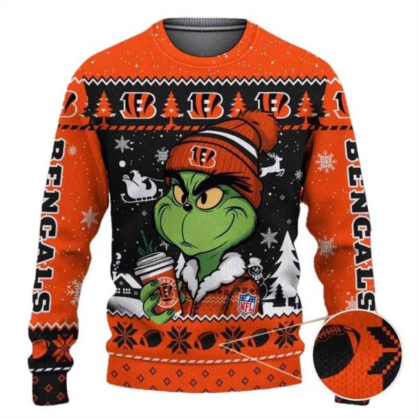 Cincinnati Bengals The Grinch Drink Coffee Ugly Christmas Sweater, Cincinnati Bengals Ugly Sweater, NFL Ugly Sweater