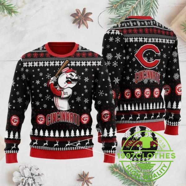 Cincinnati Reds Mascot Ugly Christmas Sweater, Cincinnati Reds Ugly Sweater, MLB Christmas Sweater