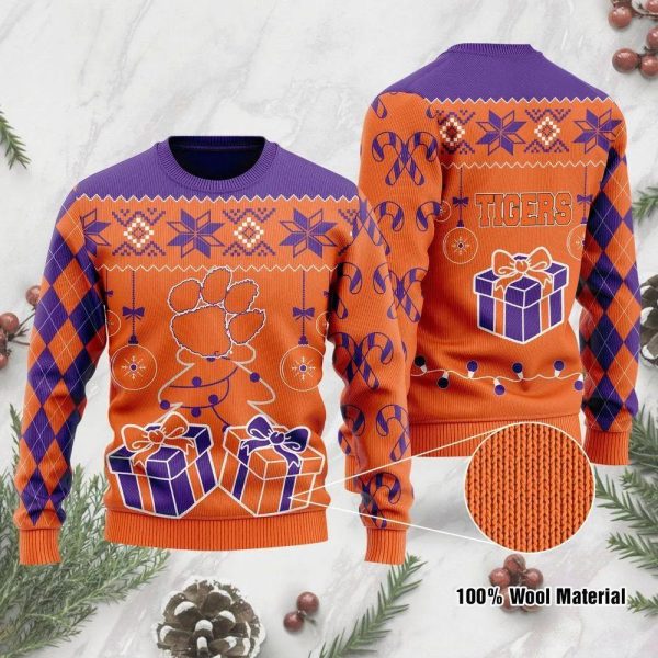 Clemson Tigers Box Gift Ugly Christmas Sweater, Clemson Tigers Christmas Sweater, NCAA Christmas Sweater