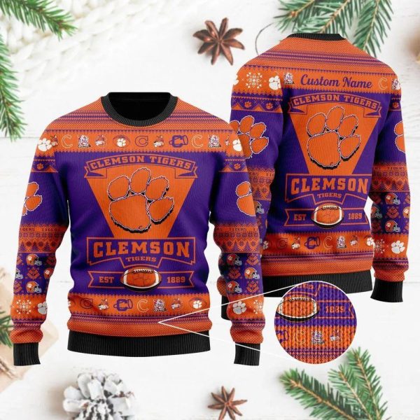 Clemson Tigers Est 1889 Custom Name Ugly Christmas Sweater, Clemson Tigers Christmas Sweater, NCAA Christmas Sweater