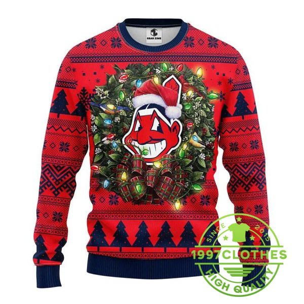 Cleveland Indians Santa Hat Funny Ugly Christmas Sweater, Cleveland Indians Ugly Sweater, MLB Christmas Sweater