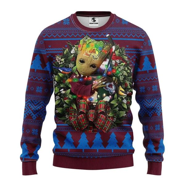 Colorado Avalanche Groot Hug Ugly Christmas Sweater, Colorado Avalanche Ugly Sweater, NHL Ugly Sweater