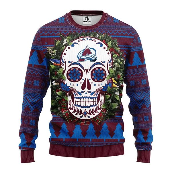 Colorado Avalanche Skull Flower Ugly Christmas Sweater, Colorado Avalanche Ugly Sweater, NHL Ugly Sweater