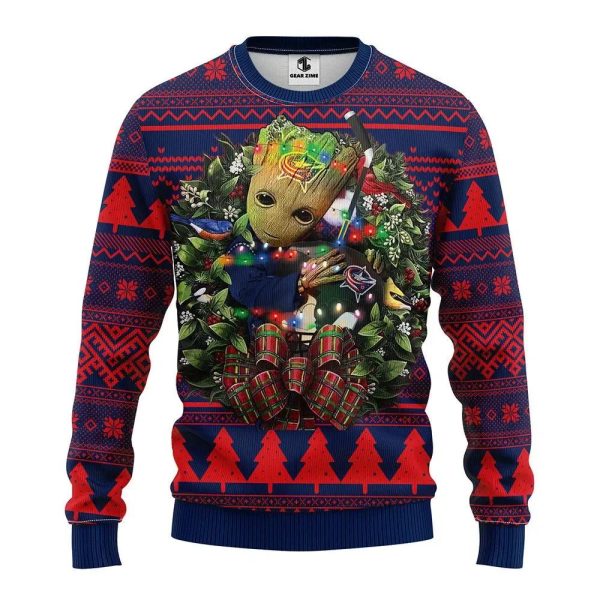 Columbus Blue Jackets Groot Hug Ugly Christmas Sweater, Columbus Blue Jackets Ugly Sweater, NHL Ugly Sweater