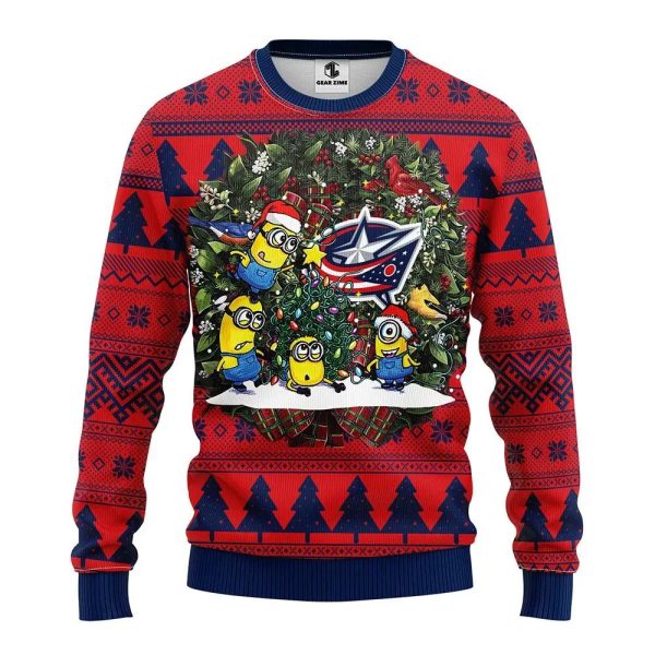 Columbus Blue Jackets Minion Ugly Christmas Sweater, Columbus Blue Jackets Ugly Sweater, NHL Ugly Sweater