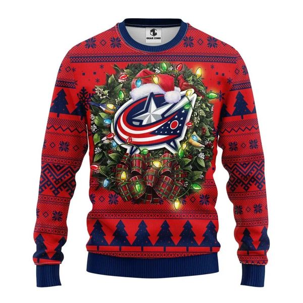 Columbus Blue Jackets Santa Hat Ugly Christmas Sweater, Columbus Blue Jackets Ugly Sweater, NHL Ugly Sweater