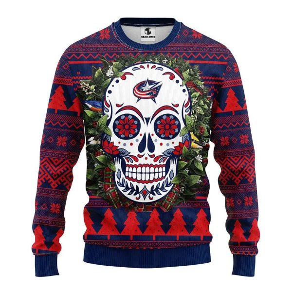 Columbus Blue Jackets Skull Flower Ugly Christmas Sweater, Columbus Blue Jackets Ugly Sweater, NHL Ugly Sweater