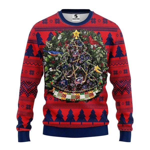 Columbus Blue Jackets Tree Ball Ugly Christmas Sweater, Columbus Blue Jackets Ugly Sweater, NHL Ugly Sweater