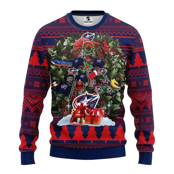 Columbus Blue Jackets Tree Christmas Ugly Sweater, Columbus Blue Jackets Ugly Sweater, NHL Ugly Sweater