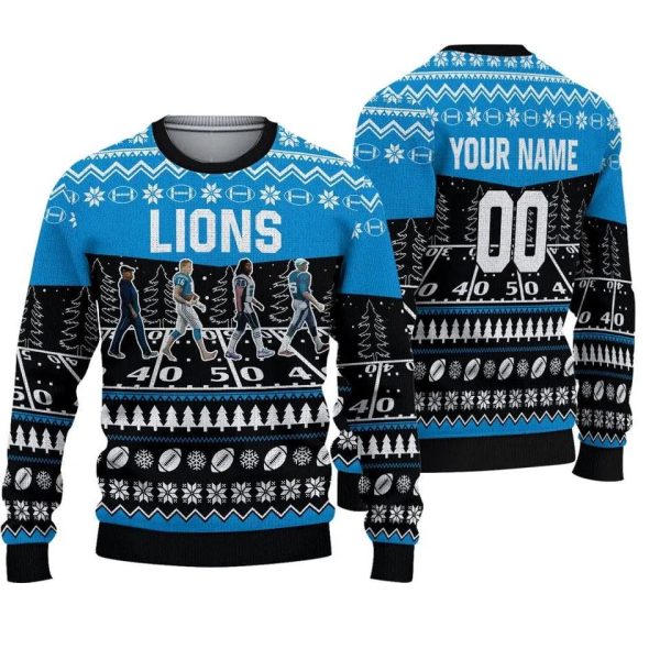 Custom Detroit Lions Walking Abbey Road Ugly Christmas Sweater, Detroit Lions Ugly Sweater, NFL Ugly Sweater