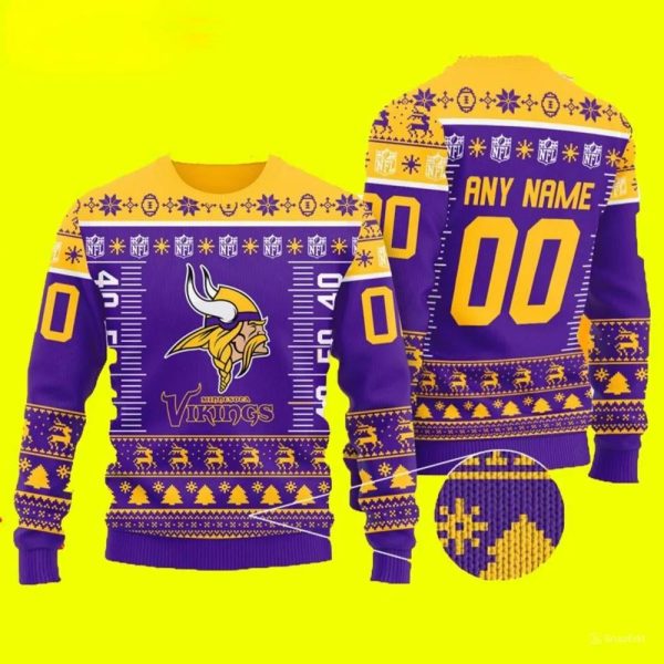 Custom Name Number Logo Minnesota Vikings Ugly Christmas Sweater, Minnesota Vikings Ugly Sweater, NFL Ugly Sweater