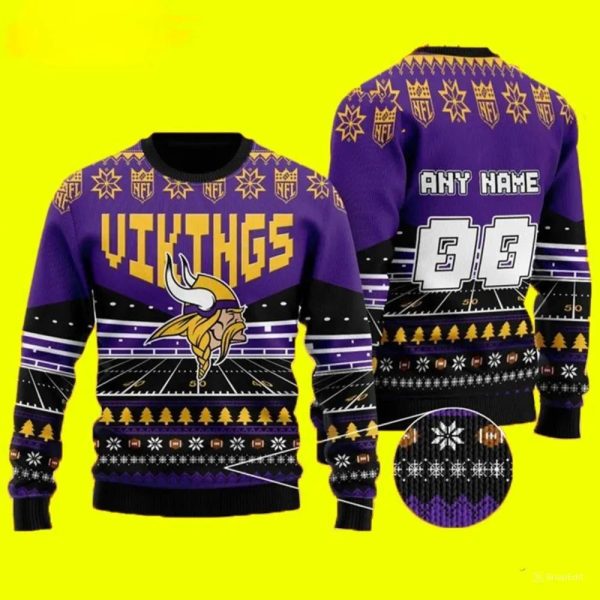 Custom Name Number Minnesota Vikings Ugly Christmas Sweater, Minnesota Vikings Ugly Sweater, NFL Ugly Sweater