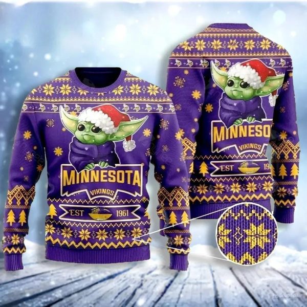 Cute Baby Yoda Grogu Minnesota Vikings Ugly Christmas Sweater, Minnesota Vikings Ugly Sweater, NFL Ugly Sweater