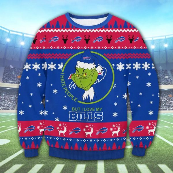 Cute Grinch Buffalo Bills Ugly Christmas Sweater, Buffalo Bills Ugly Sweater, NFL Ugly Sweater