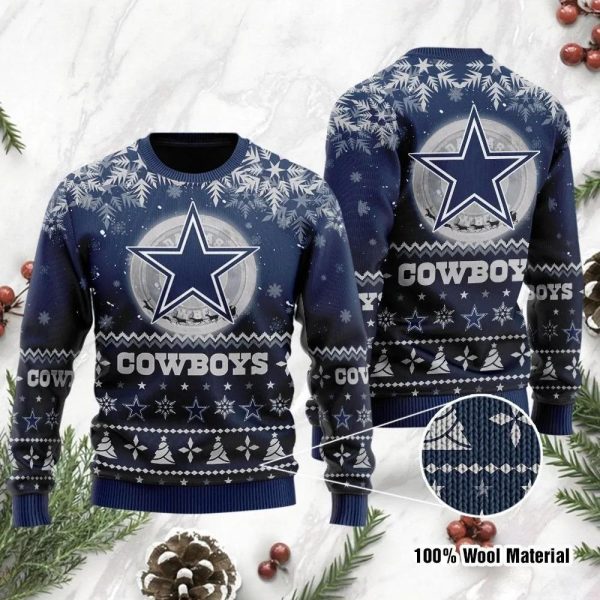 Dallas Cowboys Santa Claus In The Moon Ugly Christmas Sweater, Dallas Cowboys Ugly Sweater, NFL Ugly Sweater