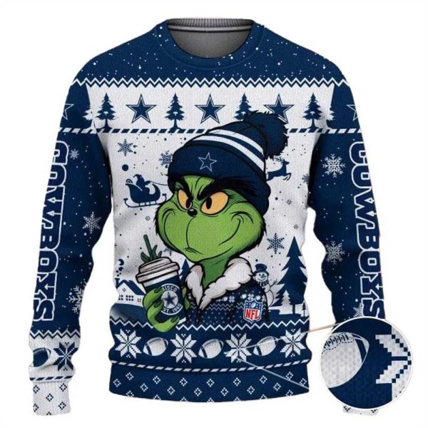 Dallas Cowboys The Grinch Drink Coffee Ugly Christmas Sweater, Dallas Cowboys Ugly Sweater, NFL Ugly Sweater