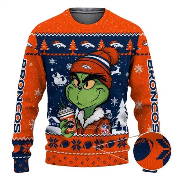 Denver Broncos The Grinch Drink Coffee Ugly Christmas Sweater, Denver Broncos Ugly Sweater, NFL Ugly Sweater