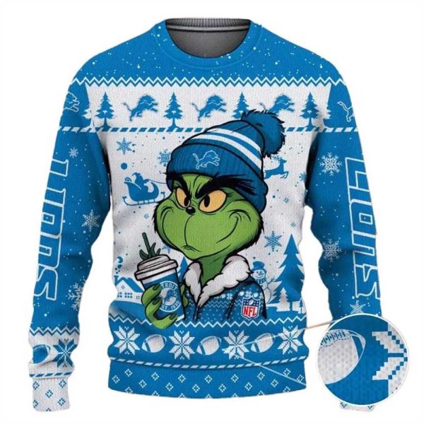 Detroit Lions The Grinch Drink Coffee Ugly Christmas Sweater, Detroit Lions Ugly Sweater, NFL Ugly Sweater