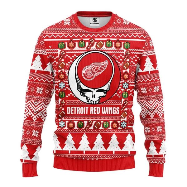 Detroit Red Wings Grateful Dead Ugly Christmas Sweater, Detroit Red Wings Ugly Sweater, NHL Ugly Sweater