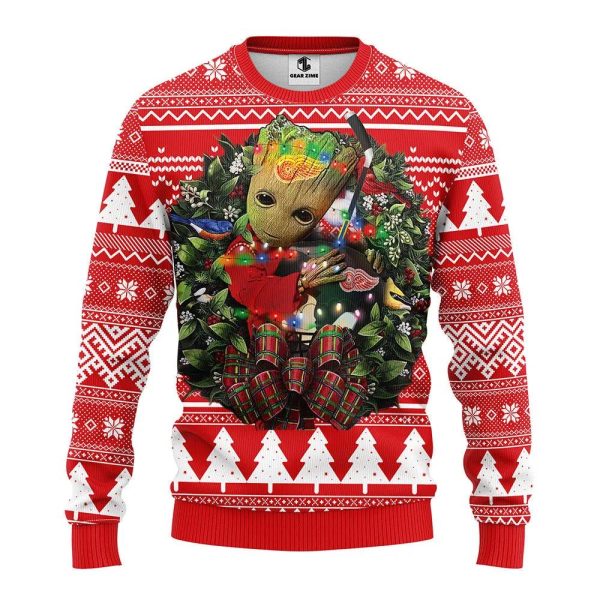 Detroit Red Wings Groot Hug Ugly Christmas Sweater, Detroit Red Wings Ugly Sweater, NHL Ugly Sweater