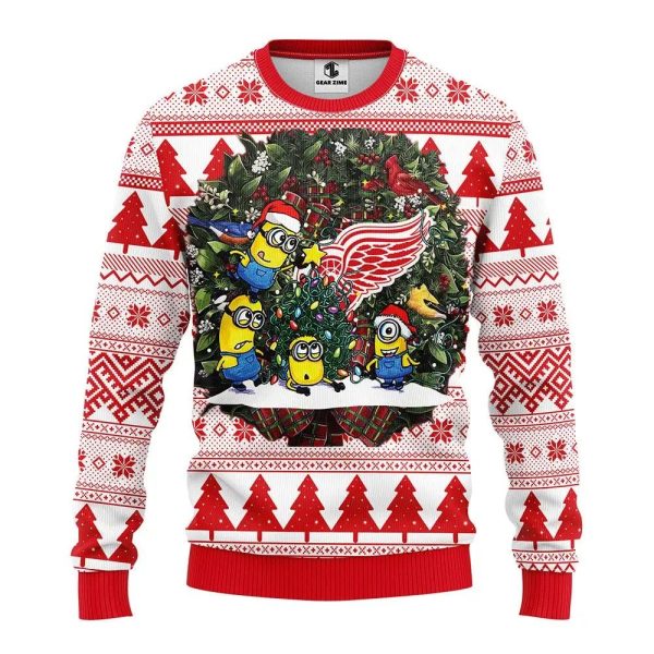 Detroit Red Wings Minion Ugly Christmas Sweater, Detroit Red Wings Ugly Sweater, NHL Ugly Sweater