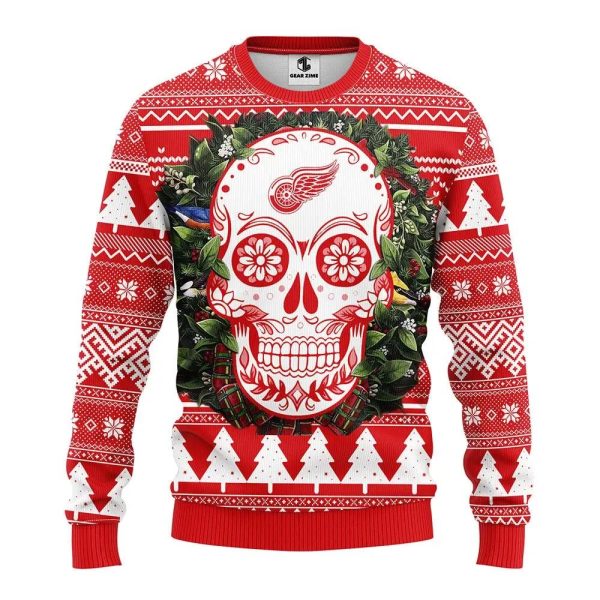 Detroit Red Wings Skull Flower Ugly Christmas Sweater, Detroit Red Wings Ugly Sweater, NHL Ugly Sweater