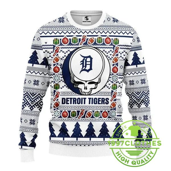 Detroit Tigers Grateful Dead Ugly Christmas Sweater, Detroit Tigers Ugly Sweater, MLB Christmas Sweater