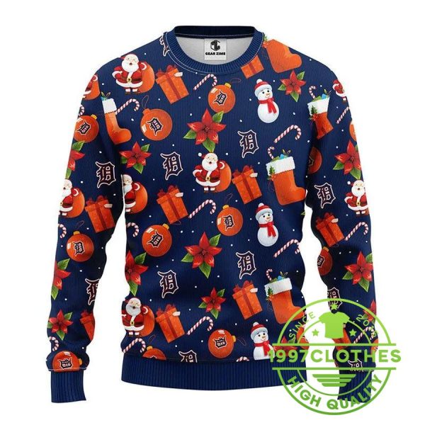 Detroit Tigers Santa Claus Snowman Ugly Christmas Sweater, Detroit Tigers Ugly Sweater, MLB Christmas Sweater