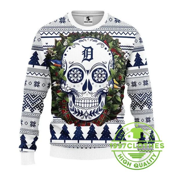 Detroit Tigers Skull Flower Ugly Christmas Sweater, Detroit Tigers Ugly Sweater, MLB Christmas Sweater