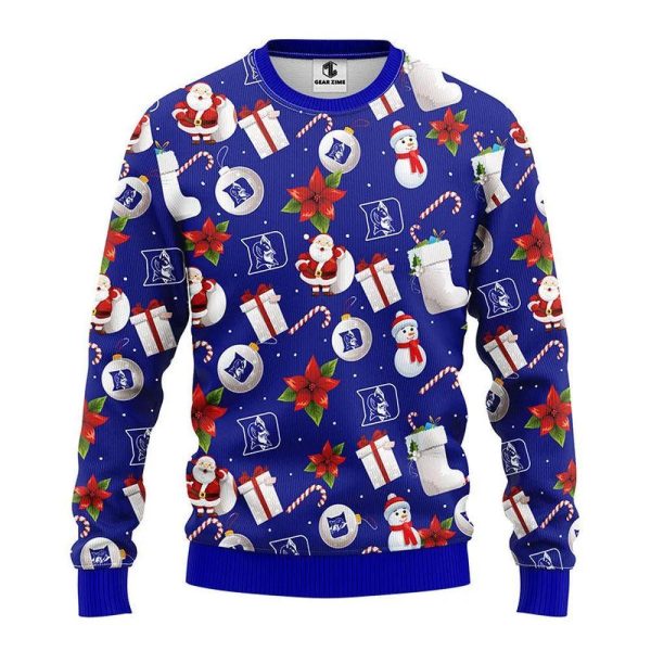 Duke Blue Devils Santa Claus Snowman Ugly Christmas Sweater, Duke Blue Devils Christmas Sweater, NCAA Christmas Sweater