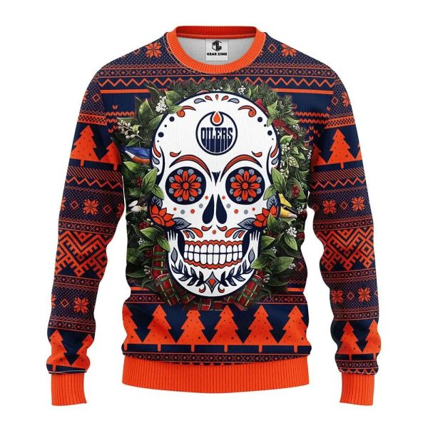 Edmonton Oilers Skull Flower Ugly Christmas Sweater, Edmonton Oilers Ugly Sweater, NHL Ugly Sweater