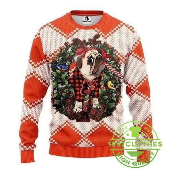 Funny Reindeer Pug Dog Baltimore Orioles Christmas Ugly Sweater, Baltimore Orioles Ugly Sweater, MLB Christmas Sweater