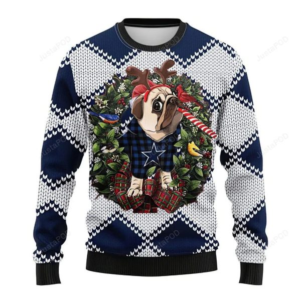 Funny Reindeer Pug Dog Dallas Cowboys Ugly Christmas Sweater, Dallas Cowboys Ugly Sweater, NFL Ugly Sweater