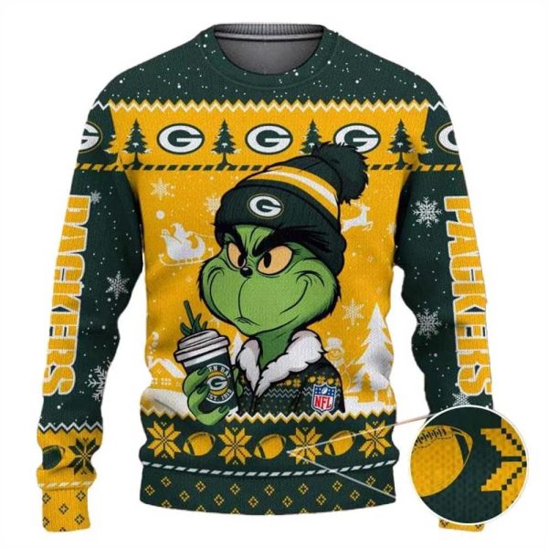 Green Bay Packers The Grinch Drink Coffee Ugly Christmas Sweater, Green Bay Packers Ugly Sweater, NFL Ugly Sweater