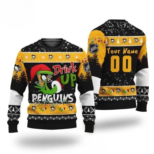 Grinch Drink Up Pittsburgh Penguins Custom Ugly Christmas Sweater, Pittsburgh Penguins Ugly Sweater, NHL Ugly Sweater