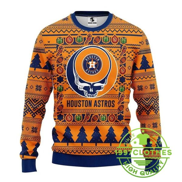 Houston Astros Grateful Dead Ugly Christmas Sweater, Houston Astros Ugly Sweater, MLB Christmas Sweater