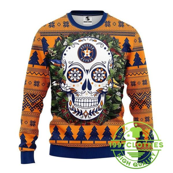 Houston Astros Skull Flower Ugly Christmas Sweater, Houston Astros Ugly Sweater, MLB Christmas Sweater